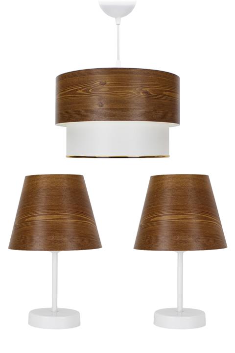 Lüksev Abajur Üçlü Abajur Ve Avize Seti Ahşap Desenli Yatak Odası Aydınlatma