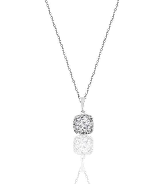 Söğütlü Silver Gümüş Zirkon Taşlı Kare Pırlanta Montürlü Gümüş Kolye