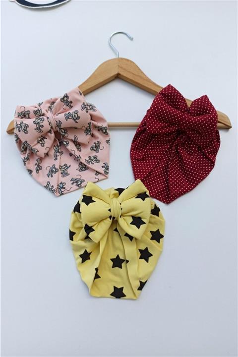 ALİSS Fiyonklu Renkli Desenli Kız Bebek Bone 0-3 Yaş