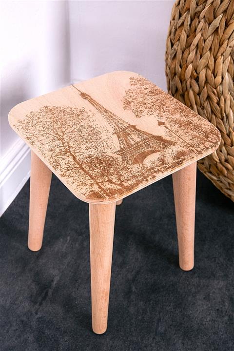 ART AHŞAP Ahşap Masif Eyfel Kulesi Desenli Kare Tabure