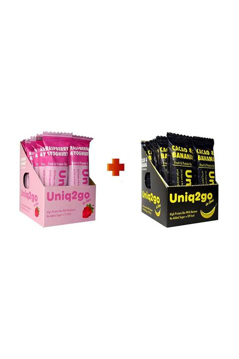 Uniq2Go Yoğurt Aromalı Ve Ahududulu Protein Bar 12’li Kutu + Kakaolu Ve Muzlu Protein Bar 12’li Kutu