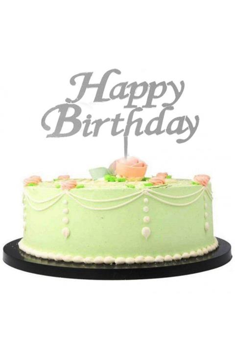 FOKUL Happy Birthday Yazılı Doğum Günü Partisi Pleksi Pasta Süsü Gümüş Renk