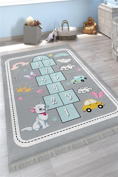 KIVIRCIK HALI Yıkanabilir Pamuk Taban Saçaklı Seksek Temalı Çocuk Şönil Kilim Halı 80x300 Is-807-a