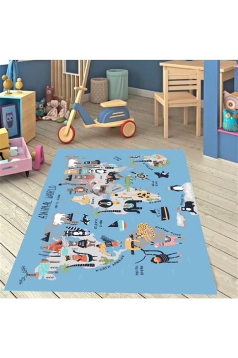 halımarkt Hm-1013 Dünya Haritalı Eğitici Mavi Genç Çocuk Odası Halısı 175x250