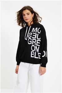 TRENDYOLMİLLA Siyah Baskılı Loose Örme Sweatshirt TWOAW22SW0697