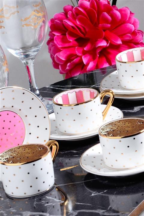 Kosova Bone China 6'lı 90cc Altın Puantiyeli Beyaz Lüx Kahve Fincan Takımı
