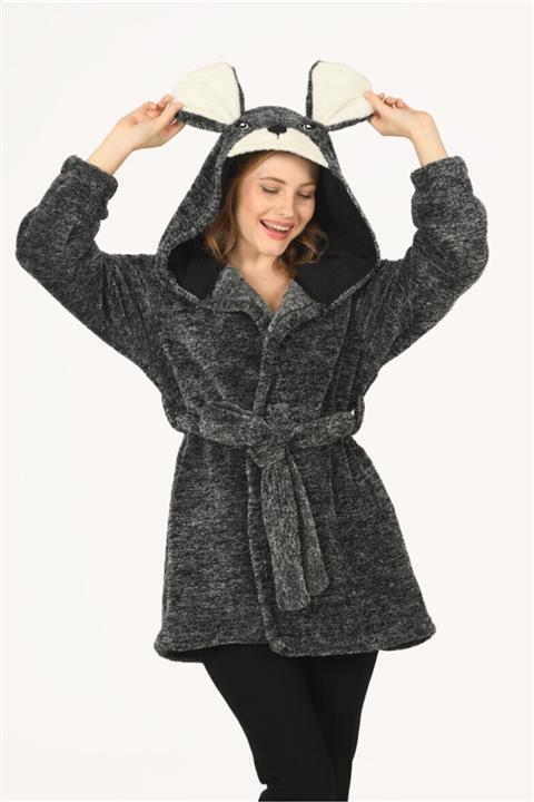 NBB Siyah Dark Peluş Kulaklı Sabahlık