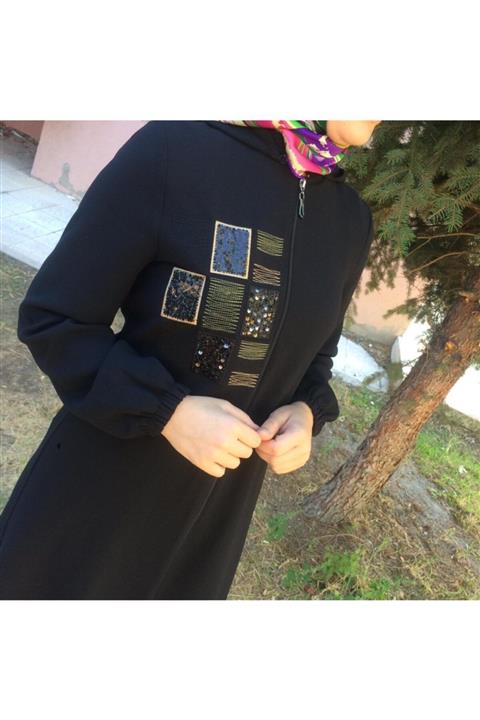 supla dunyamm Siyah Fermuarli Kapşonlu Giyçık Model