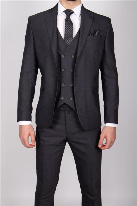 ZAYFA Koyu Gri Slim Fit Yelekli Erkek Takım Elbise