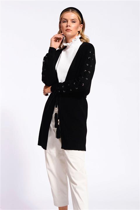 Nefise Kadın Siyah Selanik Kol Kopçalı Hırka