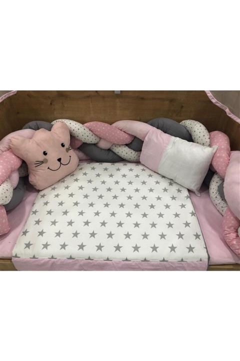 Mini Baby Örgülü Pembe Cibinlikli Beşik Bebek Uyku Seti 80x130