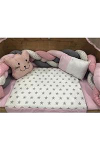 Mini Baby Örgülü Pembe Cibinlikli Beşik Bebek Uyku Seti 80x130