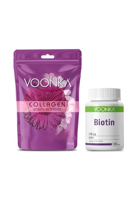 Voonka Collagen Beauty Gummies 30 Çiğnenebilir Tablet + Biotin Takviyesi 2500 Mcg 102 Tablet