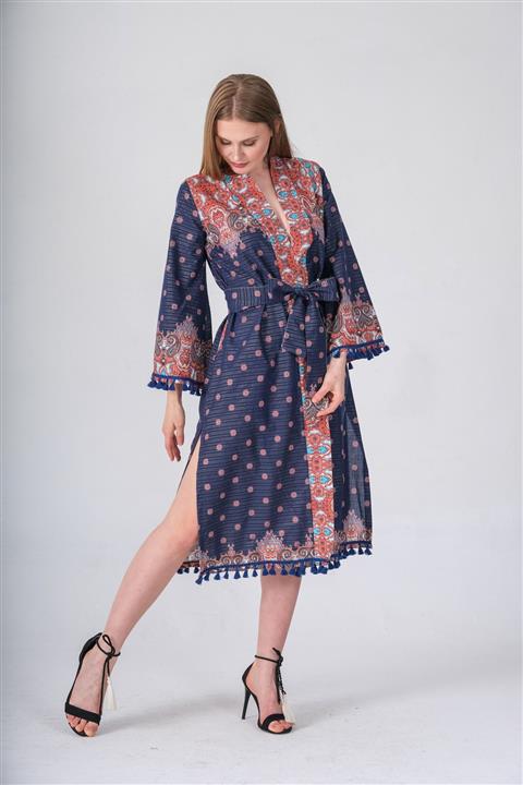 İna Vual Kumaştan Pamuklu Kimono Püskül Detaylı Uzun Pareo Ve Plaj Elbisesi