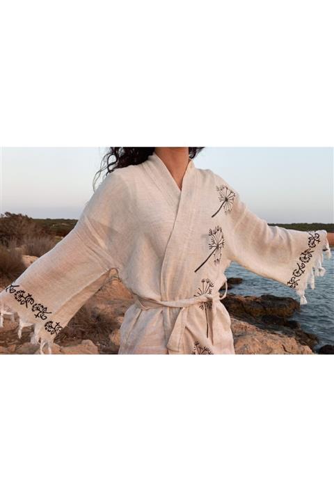 Mynova Textile Karahindiba Keten Kısa Kimono Kaftan Plaj Bornozu