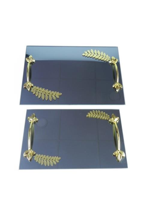 hilalshops Altın Saplı Dikdörtgen 2'li  Cam Tepsi