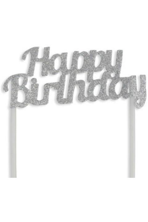 parti sürprizi Gümüş Simli Happy Birthday Çubuklu Yazı