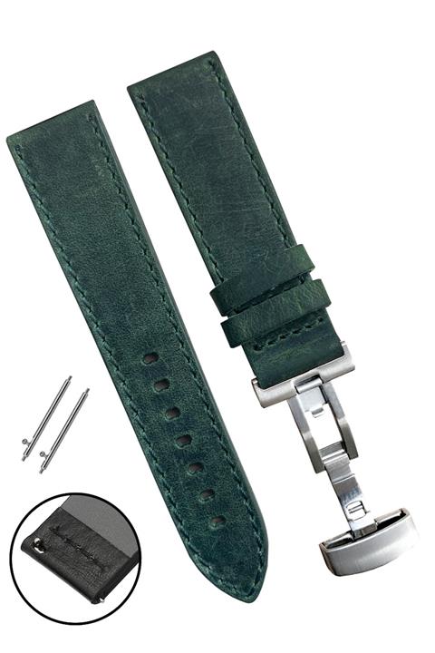 Fossil Saat Uyumlu 22mm Yeşil Renk Gümüş Renk Klipsli Hakiki Crazy Deri Saat Kordonu