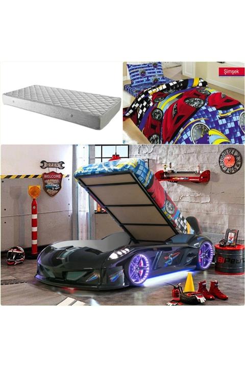 Setay Jaguar Bazalı Full Ledli Arabalı Yatak Siyah + Ortopedik Yatak + Nevresim