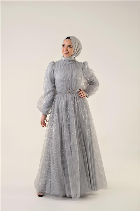 Letta Butik Lacrima Gri Tüllü Payetli Tesettür Abiye 20y7825g