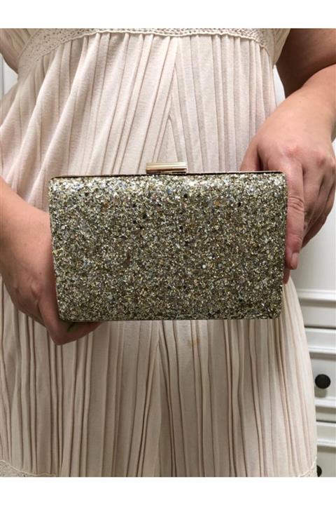 womenacs Kadın Altın Renk Pullu Desenli Abiye Portföy Clutch  Çanta Elde Ve Uzun Askılı Kullanım