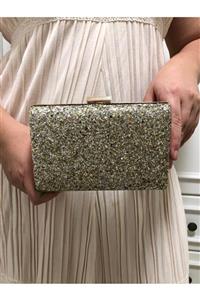 womenacs Kadın Altın Renk Pullu Desenli Abiye Portföy Clutch  Çanta Elde Ve Uzun Askılı Kullanım