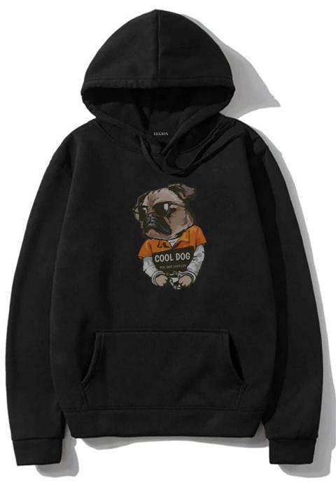 LEGION Unisex Siyah Cool Dog Baskılı Kapşonlu Tasarım Hoodie 2 Iplik