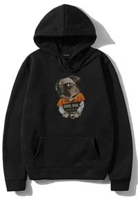 LEGION Unisex Siyah Cool Dog Baskılı Kapşonlu Tasarım Hoodie 2 Iplik