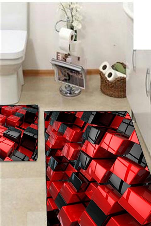 Else Halı 3 Boyutlu Kırmızı Kutu Klozet Takımı 2Li Banyo Paspas Halı