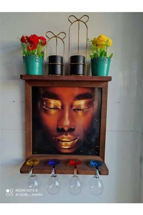 Bahat Tablolu Ahşap Bira Şaraplık Kadehlik Yapay Çiçek Çiçeklik Mumluk