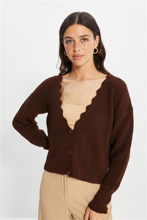 TRENDYOLMİLLA Kahverengi Örgü Detaylı Triko Hırka TWOAW22HI0858