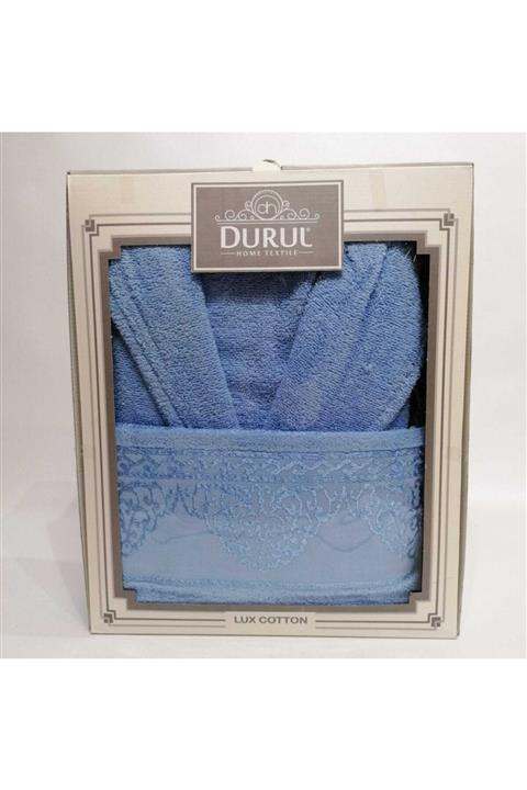 Durul Bornoz Seti Mavi Renk First Set Bornoz + Saç Havlusu