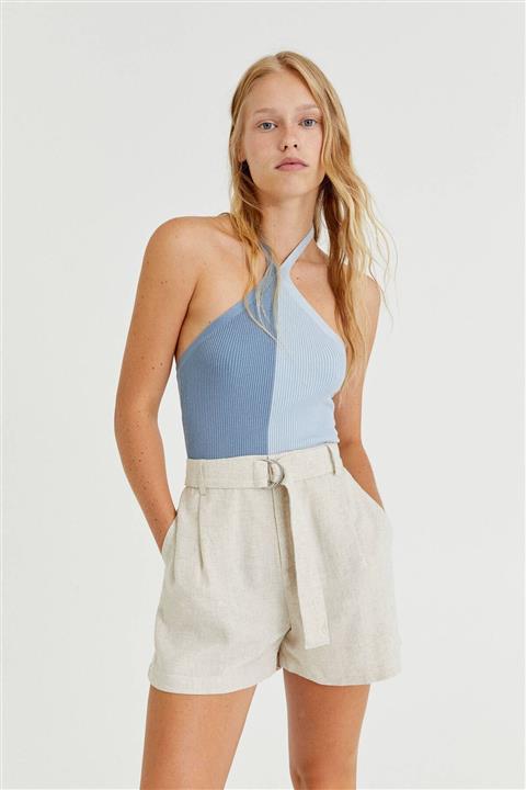 Pull & Bear Kuşgözü Detaylı Kemerli Rustik Bermuda