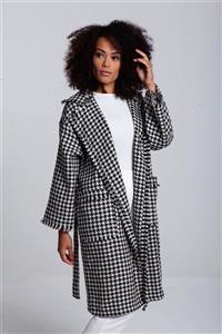 Balo Moda Kadın Kareli Kuşaklı Uzun Ceket Kimono