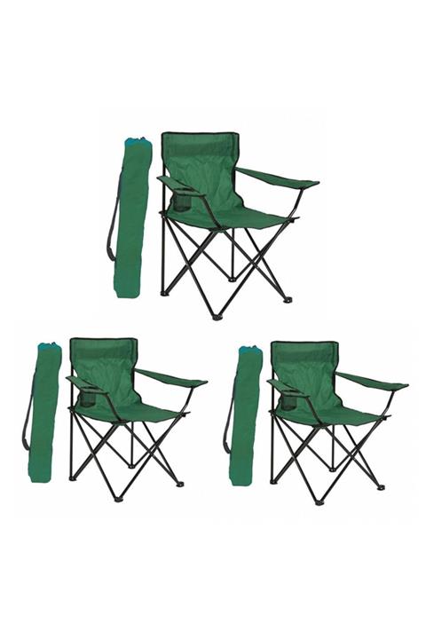 Mashotrend 3 Adet Çantalı Yeşil Bardaklıklı Metal Iskelet Kumaş Kamp Sandalyesi - Balıkçı Sandalye -plaj Sandal