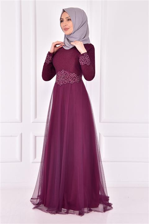 ModaMerve Simli Abiye Mürdüm Asm23361