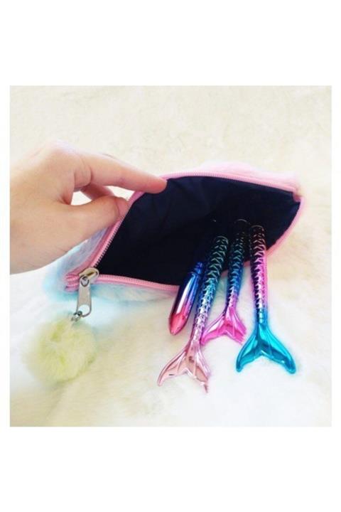 Bakgeldi Ponponlu Geniş Peluş Kalemlik Makyaj Çantası