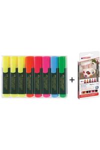 Edding Faber Castell 6 ve 2 Fosforlu Kalem Seti ve Sıcak Renkler Porselen Boyama Kalem Seti
