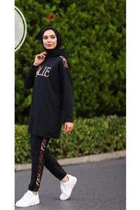 Tesetturcemoda Leopar Desenli Siyah Kadın Spor Takım