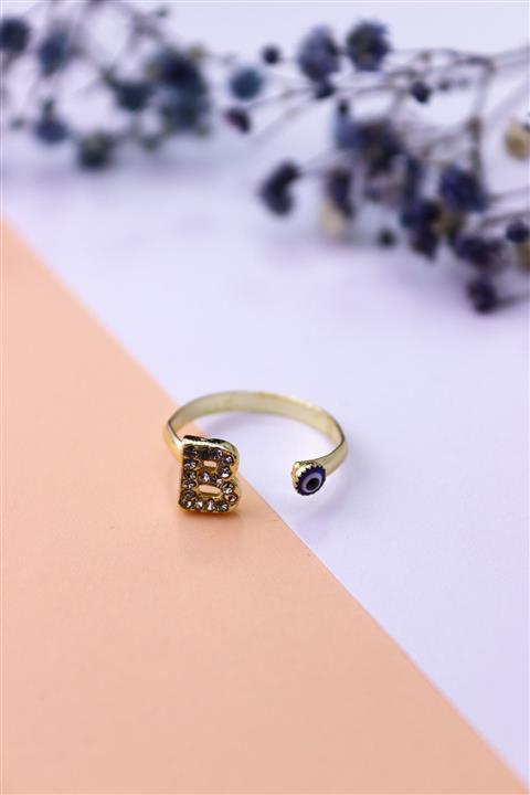Fleur De Luna Altın Taşlı B Harfli Nazarlı Ayarlanabilir Yüzük