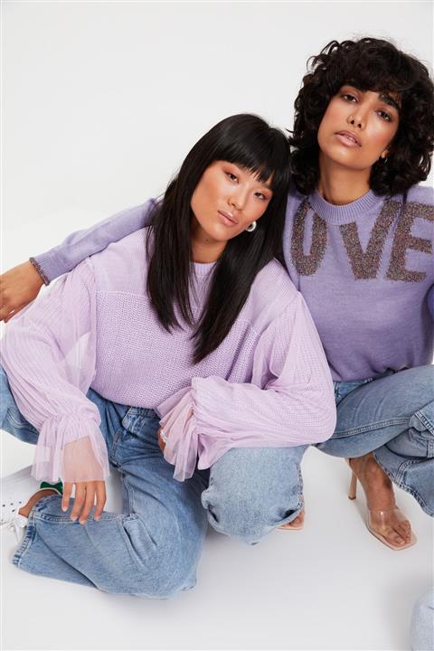 TRENDYOLMİLLA Lila Tül Detaylı Triko Kazak TWOAW21KZ0242