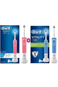 OralB D100 3d White Pembe+ Cross Mavi Vitality Şarjlı Diş Fırçası