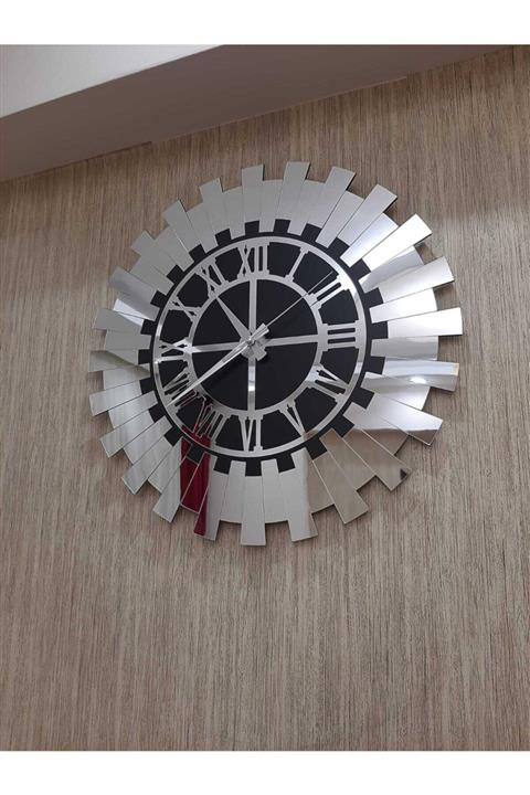 Tuba Design Küçük Yuvarlak Duvar Saati Roma Rakamlı 35x35 Cm Iki Kat Siyah Mdf Üzeri Gümüş Aynalı Pleksi