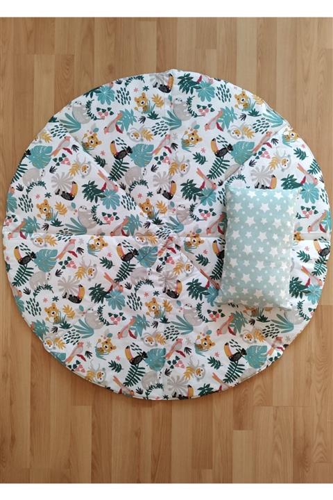 Handmade Mint Rengi Çift Taraflı Tropikal Hayvanlı 120cm Oyun Matı, Çok Amaçlı Oyun Matı