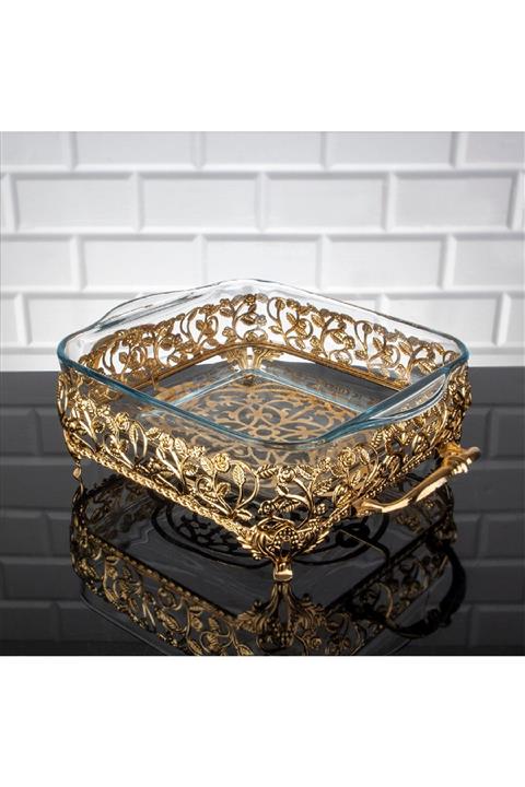 Zeyve Metal Roza Borcamlı Sunumluk Tepsisi Kare Küçük Altın