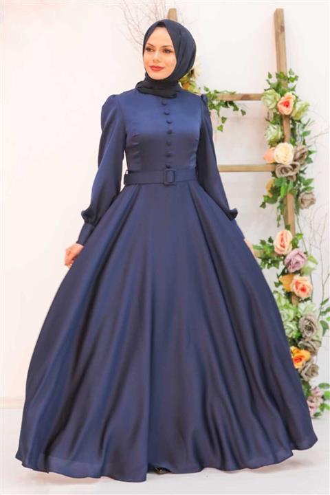 Neva Style Tesettürlü Abiye Elbise Düğme Detaylı Lacivert Tesettür Abiye Elbise 3038l