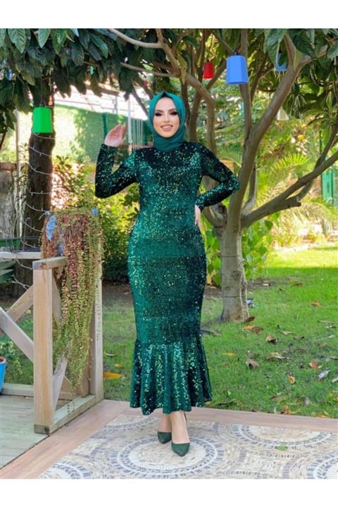 LOVELY FASHION Zümrüt Arka Tek Düğme Detay Payetli Balık Model Kadife Abiye