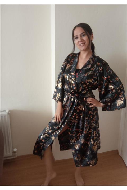 Maya Otantic Boutique Kadın Saten Altın Desenli Kimono