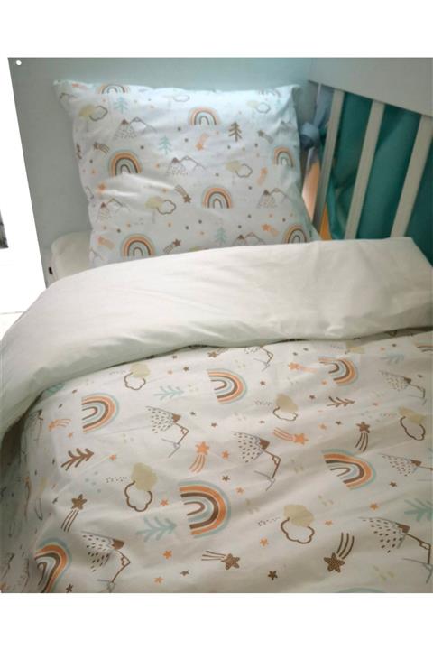 Bebek Özel %100 Pamuk Bebek/çocuk 70x130 Yastık Çarşaf Yorgan Kahverengi Gökkuşağı Kırık Beyaz