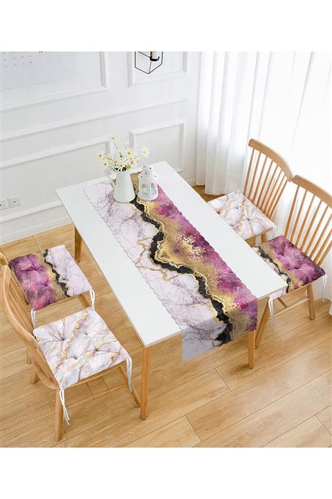 Realhomes Mor Mermer Tasarımlı 4 Pofidik Sandalye Minderi Ve 1 Runner Seti